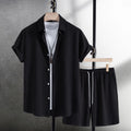 Men's black cotton blend beach shorts suit with short sleeve shirt and matching shorts