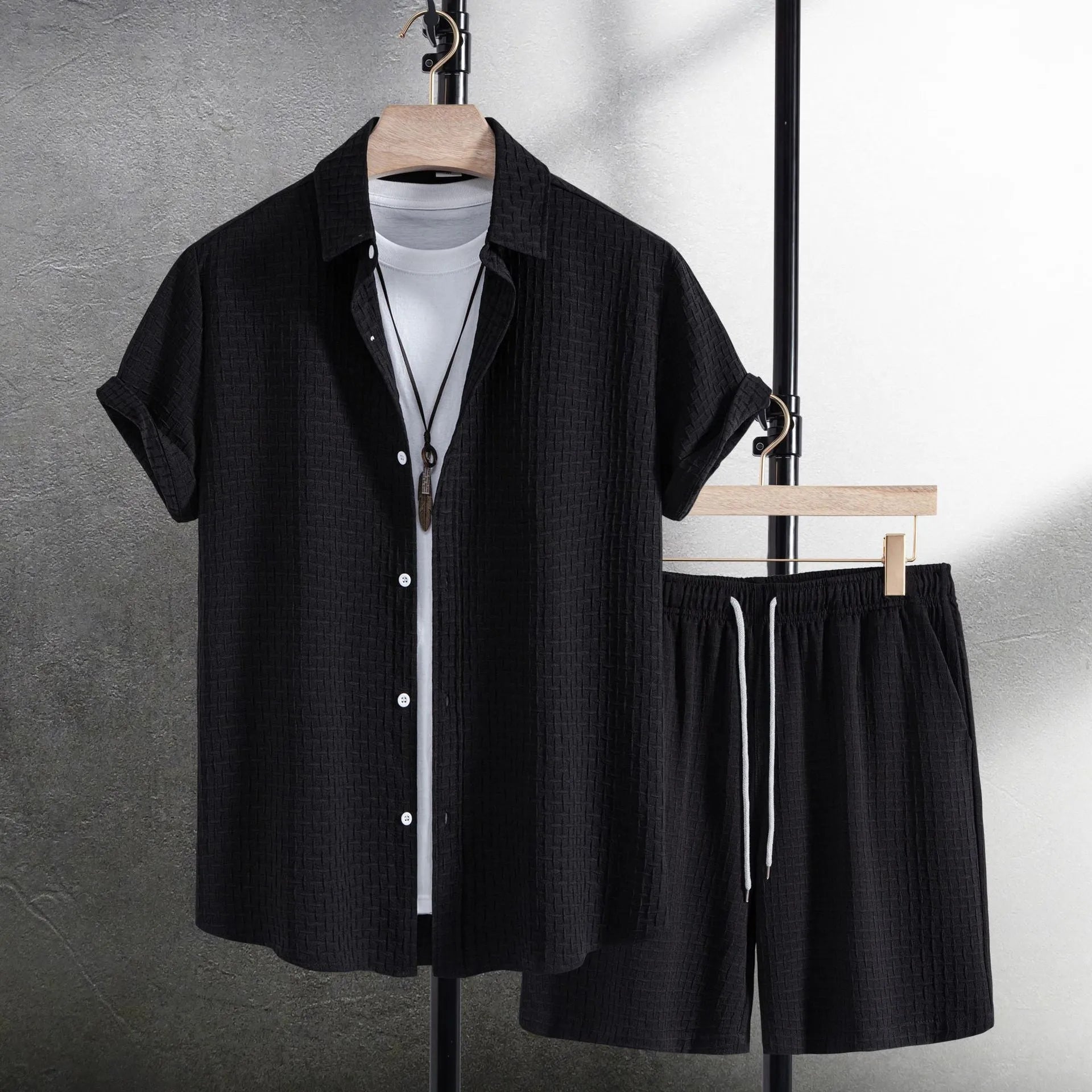 Men's black cotton blend beach shorts suit with short sleeve shirt and matching shorts