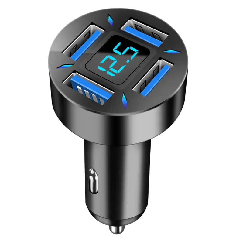 Four-port USB car charger with digital voltage display showing output reading