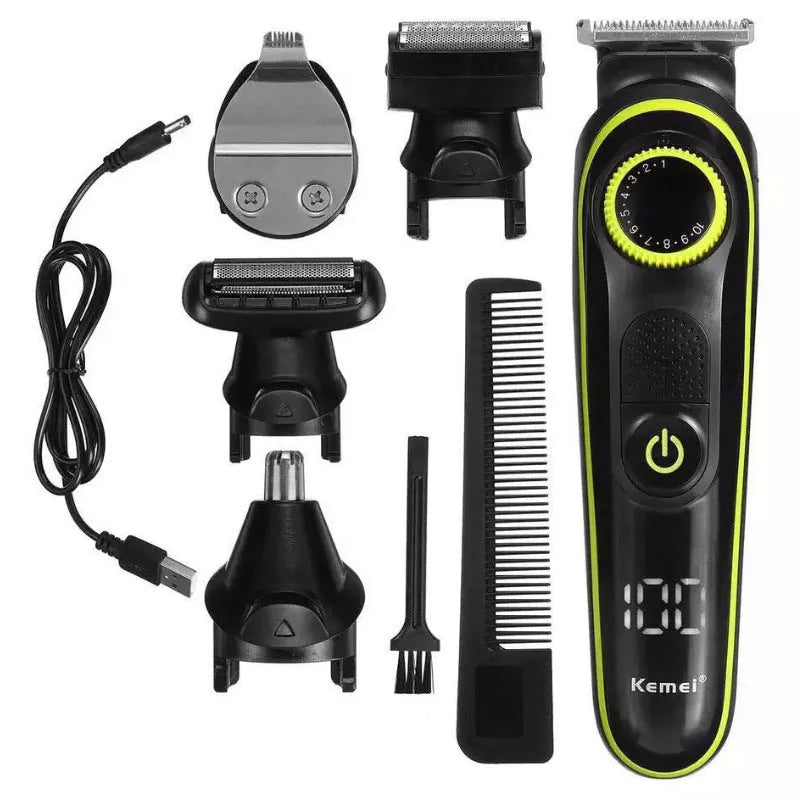 Black KM-696 rechargeable electric hair clipper set with stainless steel blade and cleaning brush.