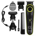 Black KM-696 rechargeable electric hair clipper set with stainless steel blade and cleaning brush.