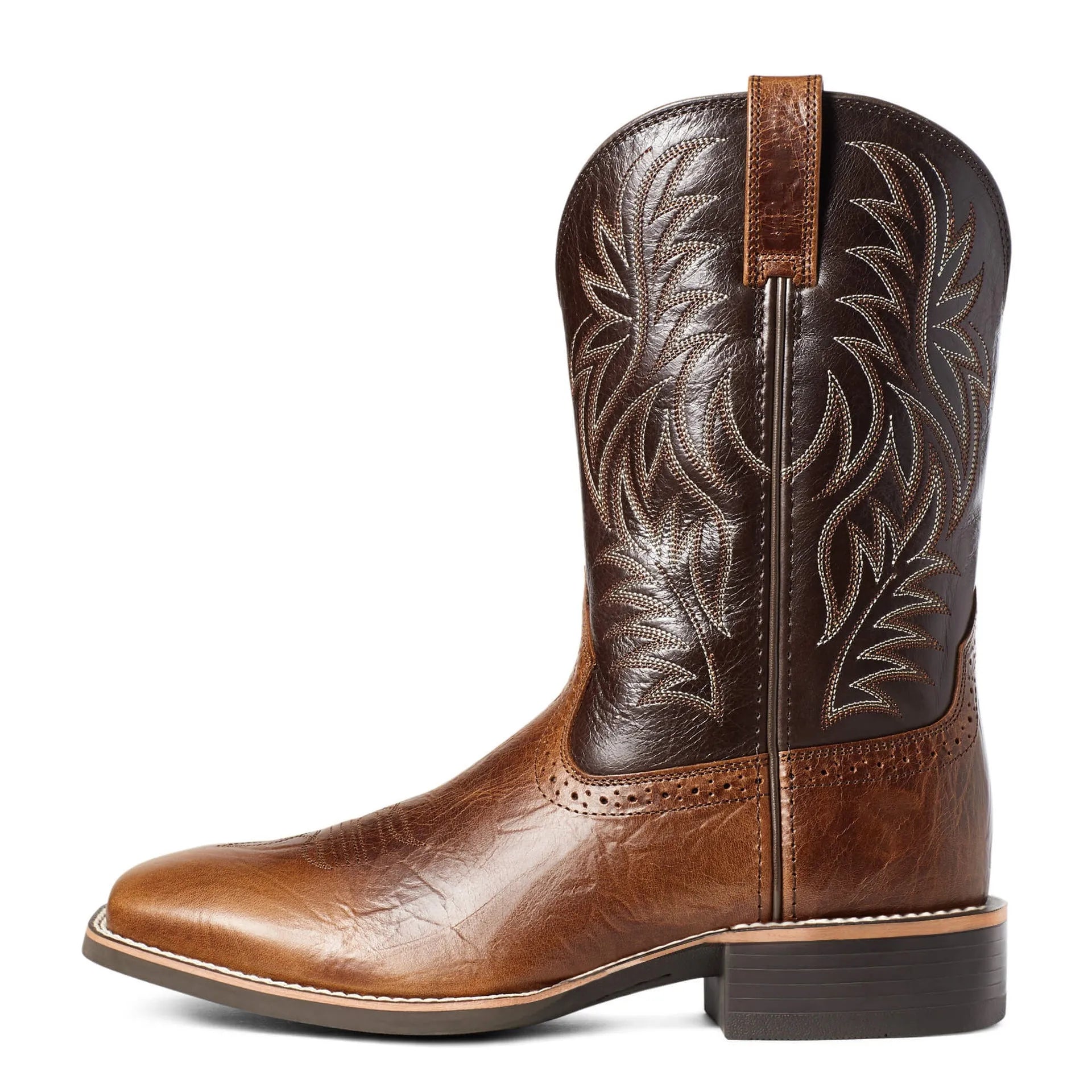 Men's black Western cowboy boots with intricate embroidery stitching, a wide square toe, and a high shaft.