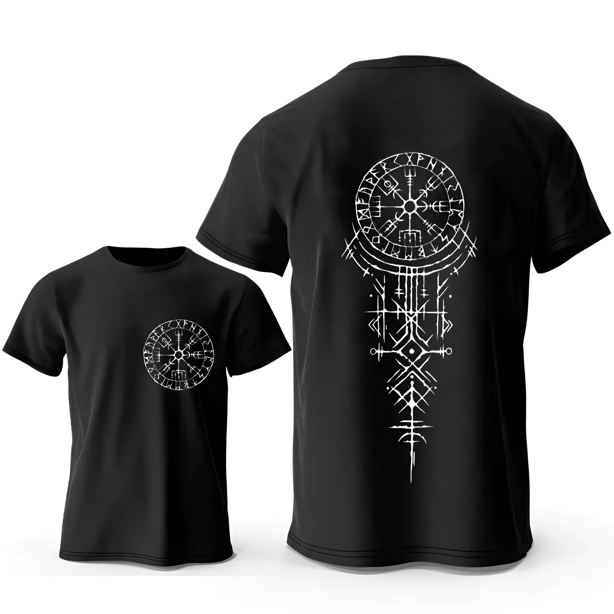 Viking rune compass graphic on a men's pure cotton T-shirt.