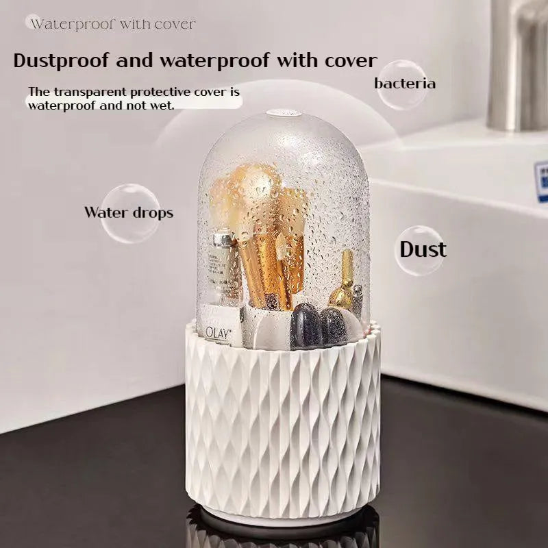 White rotating acrylic makeup brush storage box with transparent lid and split compartments