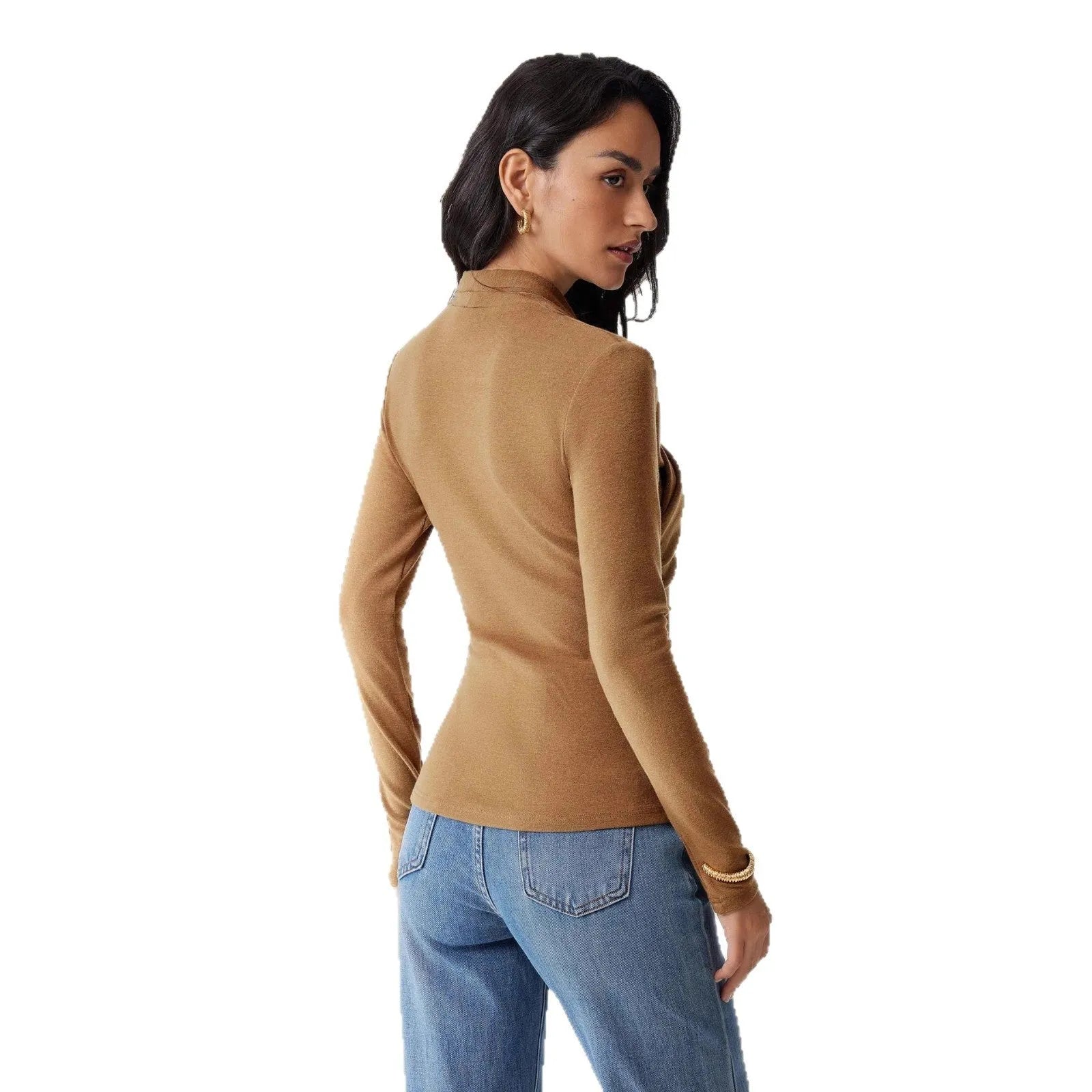 Women's slim fit camel pullover sweater with long sleeves on hanger