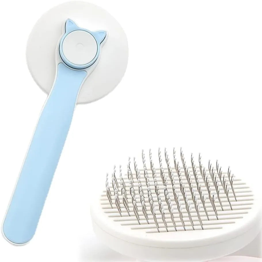 Blue self-cleaning cat brush with massage needles and rubber handle for pet grooming