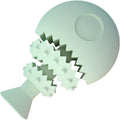 Blue green pink fish bone shaped dog chew toy with treat hole for dental cleaning.