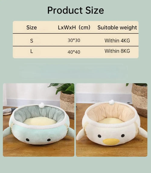 Green chick-shaped cat bed shown both flat and hanging as a hammock for small pets.