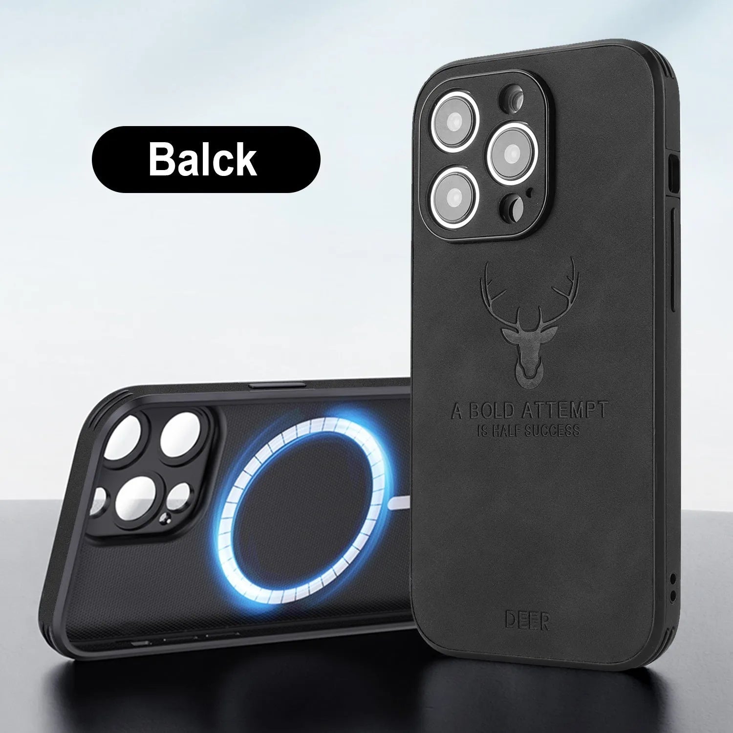iPhone 16 magnetic charging case with embossed moose head design in imitation leather material, showing front and back views
