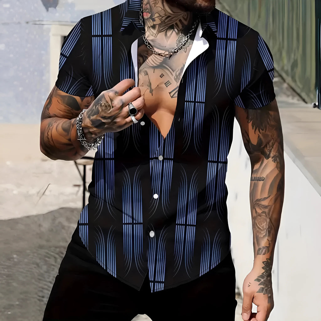 Men's slim fit geometric line print lapel short sleeve shirt in a colour from the available range.