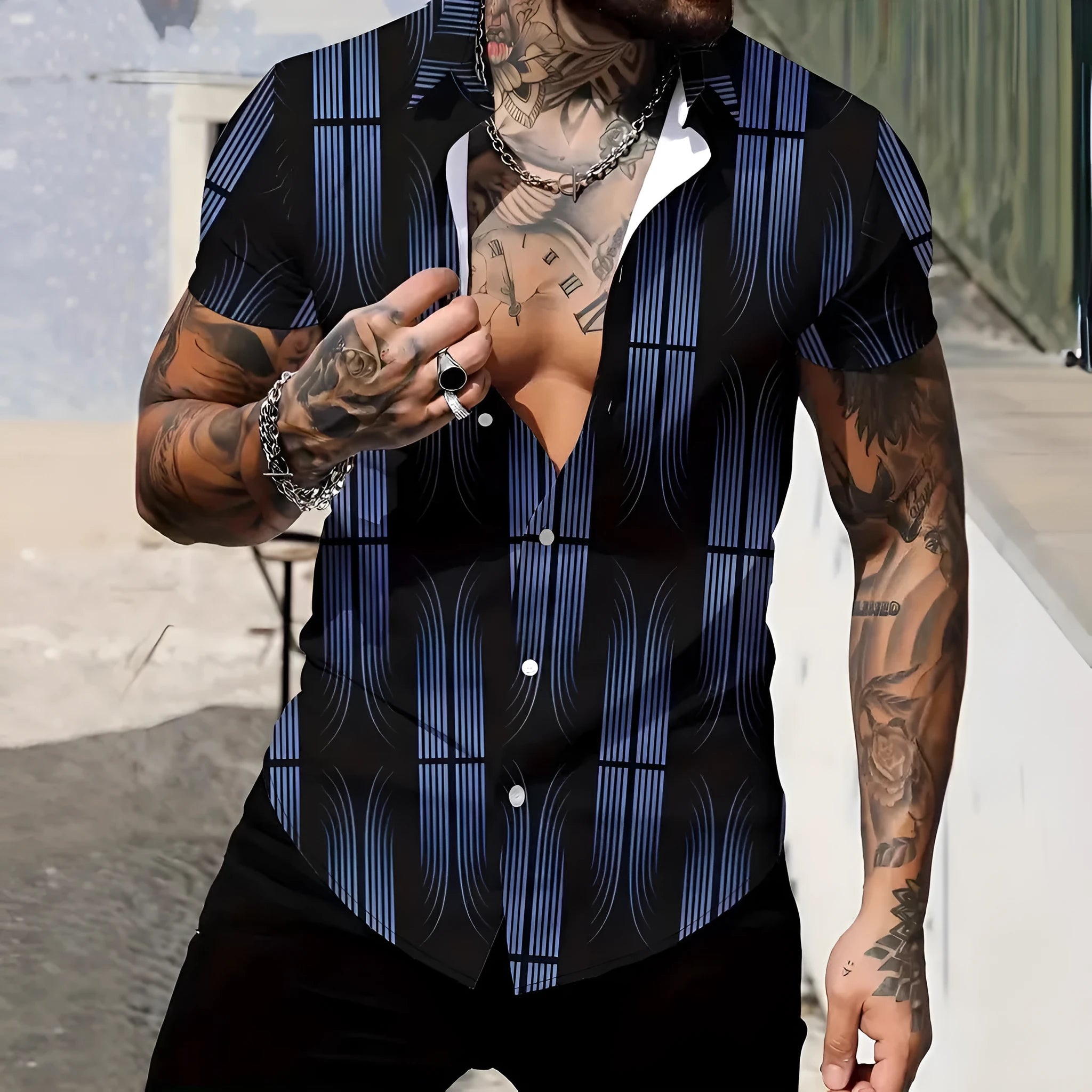 Men's slim fit geometric line print lapel short sleeve shirt in a colour from the available range.
