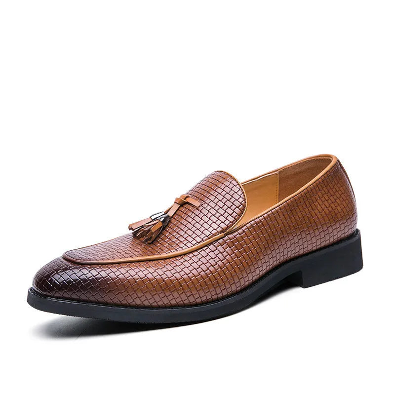 Men's black slip on shoes with pointed toe and tassel decoration for business style