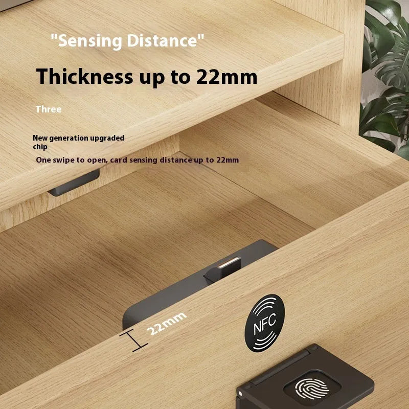 F079 removable card punch-free invisible drawer lock with keys on a white background.