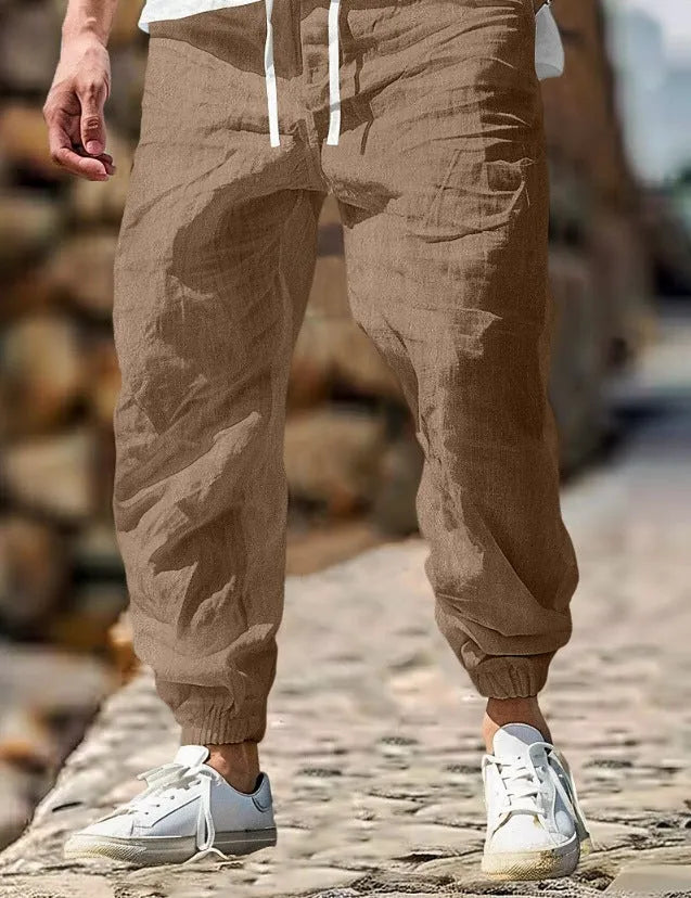 Men's straight-leg cotton linen trousers with elastic waistband in army green colour