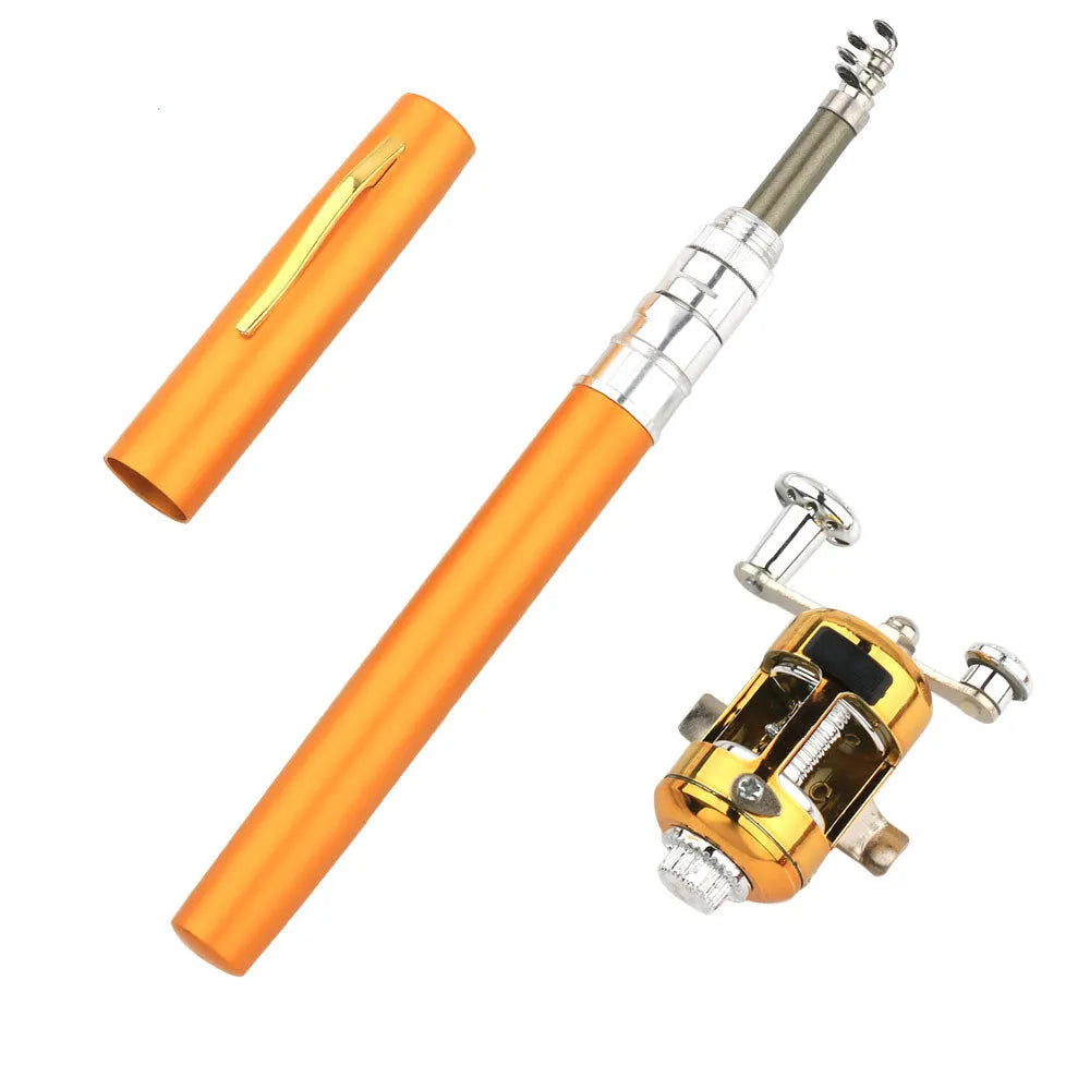 Portable telescopic fishing rod and reel kit collapsed in aluminium pen case with colour options displayed