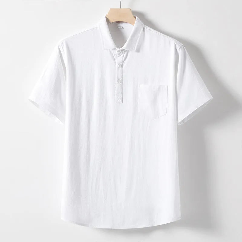 Men's loose lapel linen t-shirt in hemp blend fabric available in three colours
