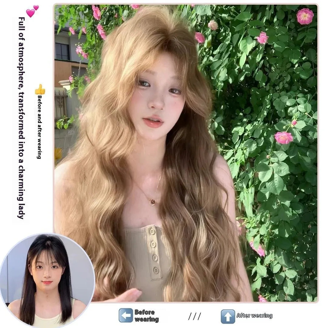 Medium length brown linen curly synthetic wig displayed with included hair net
