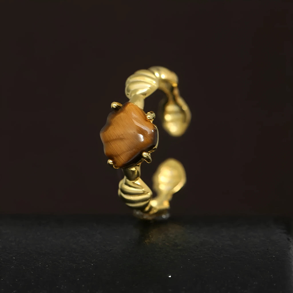 Silver adjustable ring with shell white tiger eye stone and electroplated gold finish
