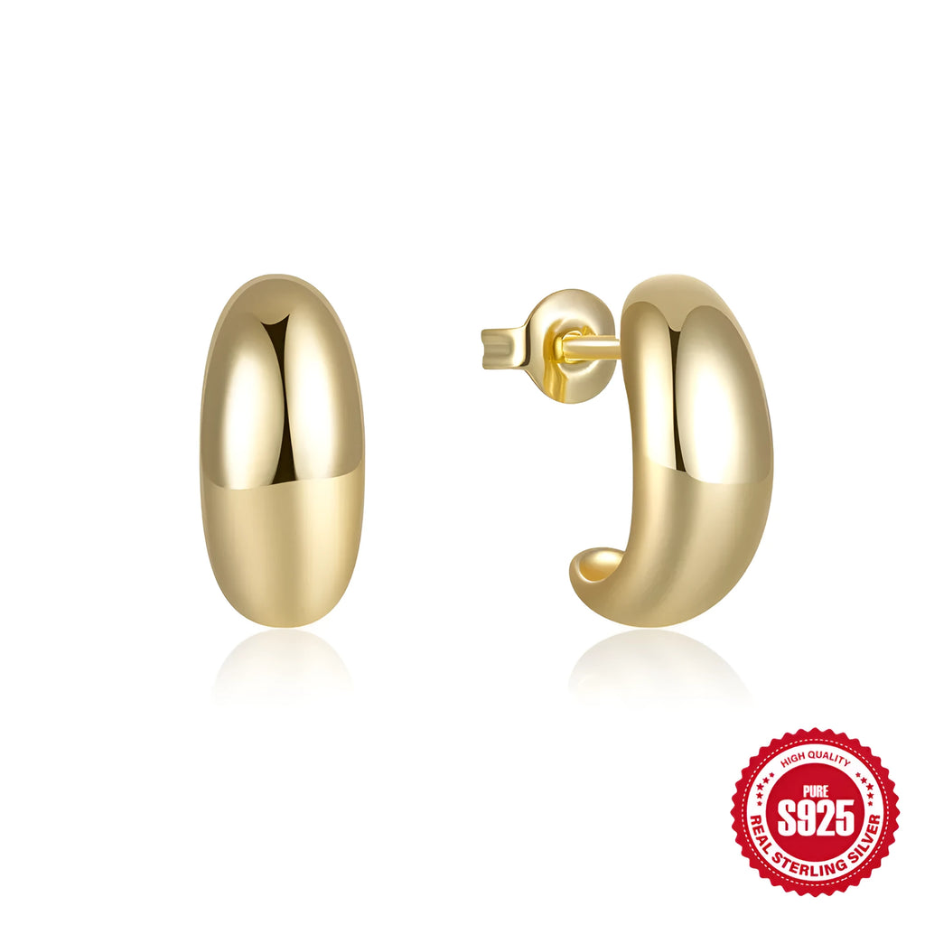 Sterling silver C-shaped stud earrings with glossy electroplated finish in gold or silver tone