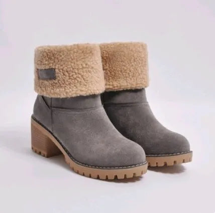 Women's suede mid-tube snow boots with a thick low heel in various colours