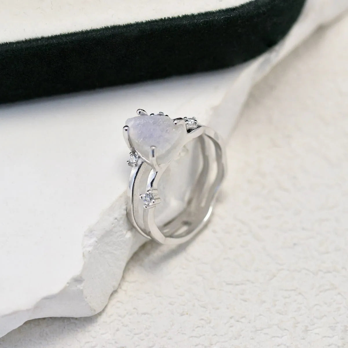 S925 sterling silver irregular triangle ring with moonstone in choice of white, yellow or rose gold plating