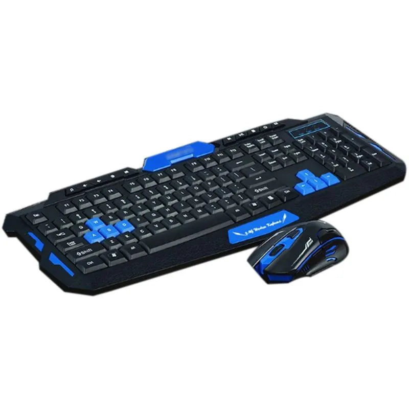 Black and blue wireless keyboard and mouse set on desktop