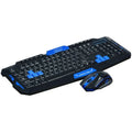 Black and blue wireless keyboard and mouse set on desktop