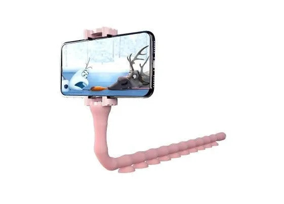 Flexible rubber phone holder with suction cup mounted on desktop showing 360-degree rotation