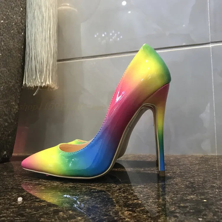 Rainbow patent leather women's ultra-high heel shoes with pointed toe and thin stiletto heel.