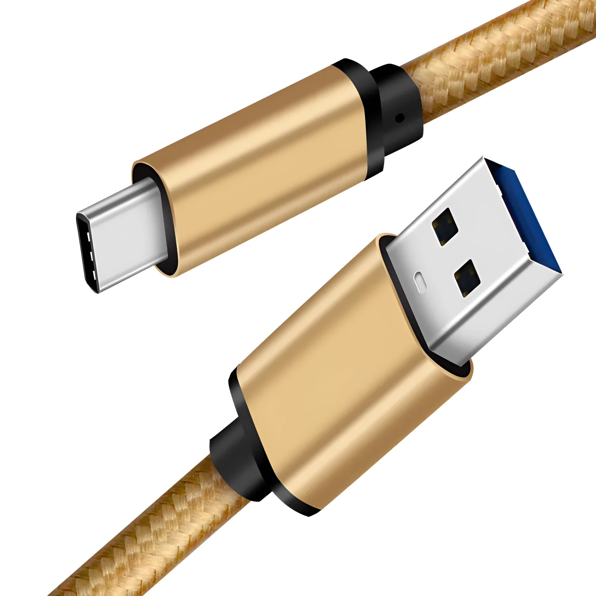 USB Type-C charging cable with metal casing and gold connectors in silver colour