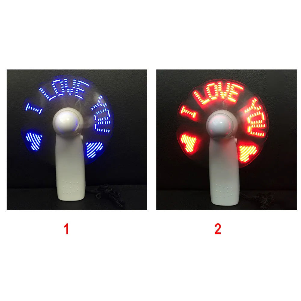 White handheld mini fan with flashing blue and red 'I Love You' LED display