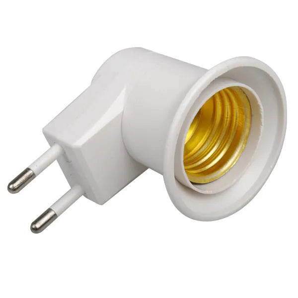 White bakelite wall plug-in E27 lamp holder with switch, showing AU, EU and US plug adapters.