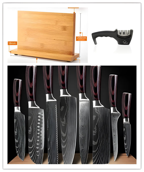 8-piece kitchen knife set with stainless steel blades including chef knife, meat cutter, and bread knife