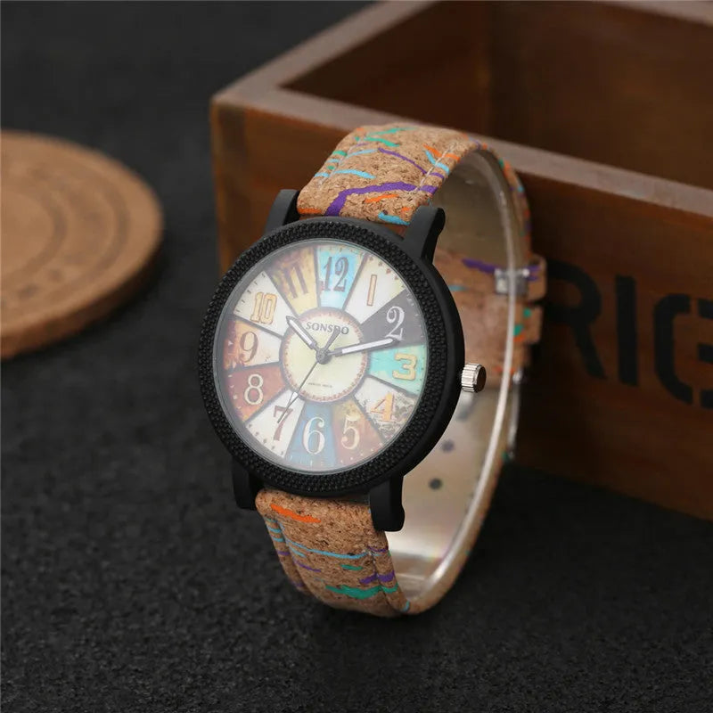 Women's vintage style quartz watch with brown leather strap and 37mm round silver dial