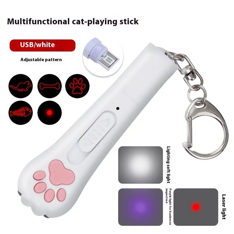 Colourful plastic cat tease wand with laser patterns and removable footprint tip for indoor pet play
