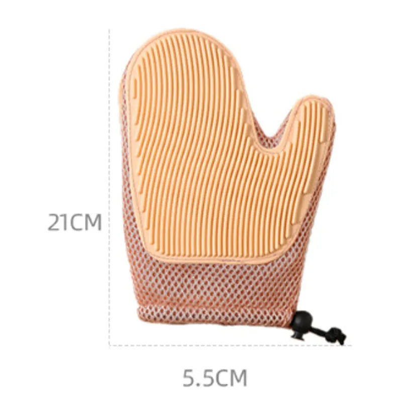 Dark blue pet hair remover glove with mesh and TPR material for grooming cats and dogs.