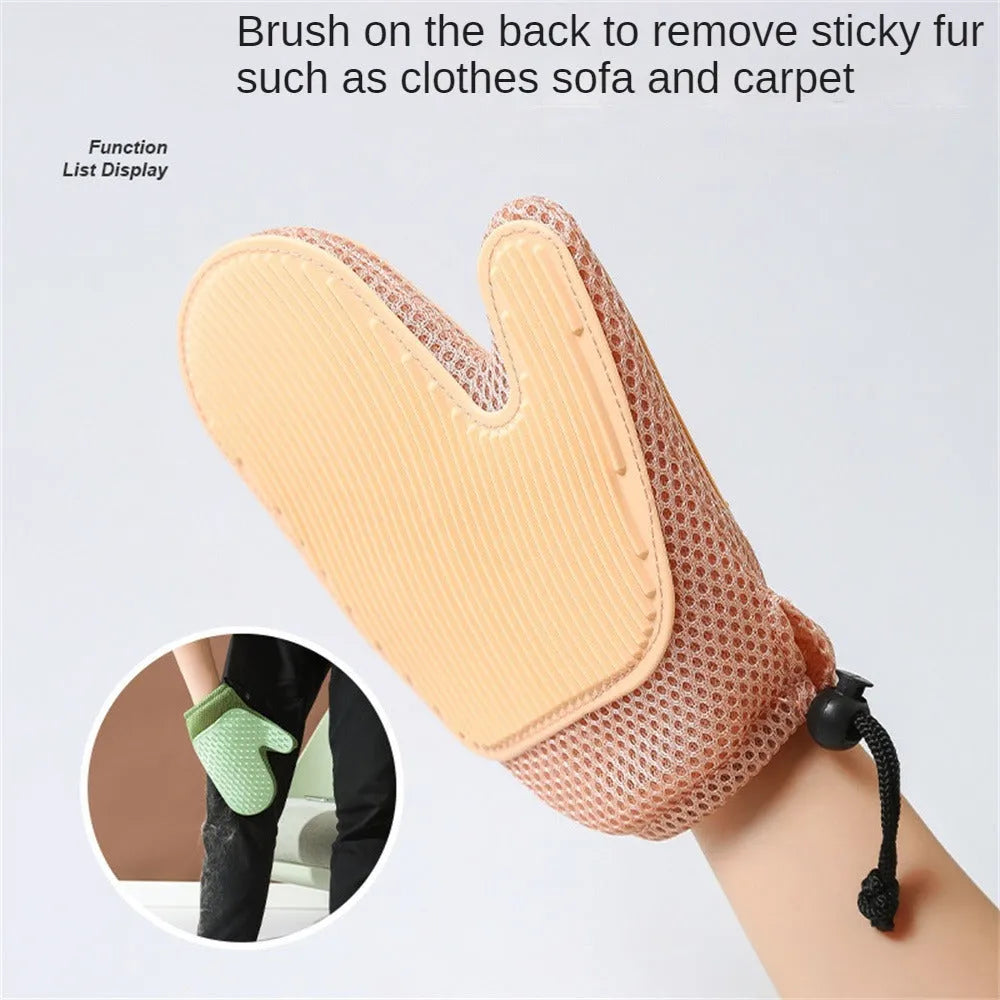 Dark blue pet hair remover glove with mesh and TPR material for grooming cats and dogs.