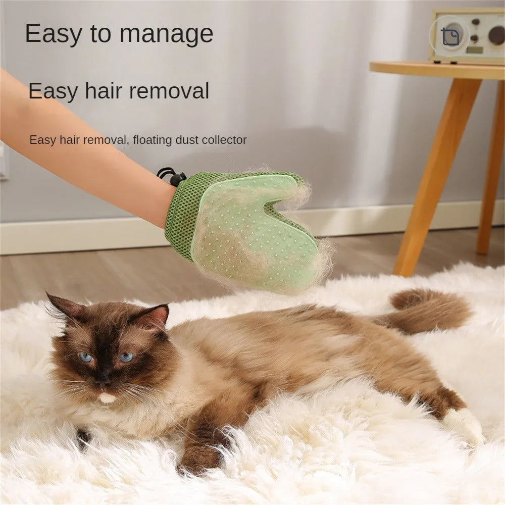 Dark blue pet hair remover glove with mesh and TPR material for grooming cats and dogs.