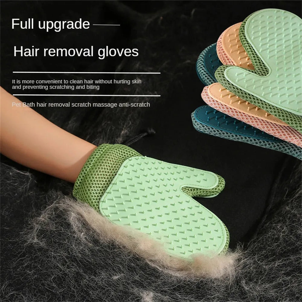 Dark blue pet hair remover glove with mesh and TPR material for grooming cats and dogs.