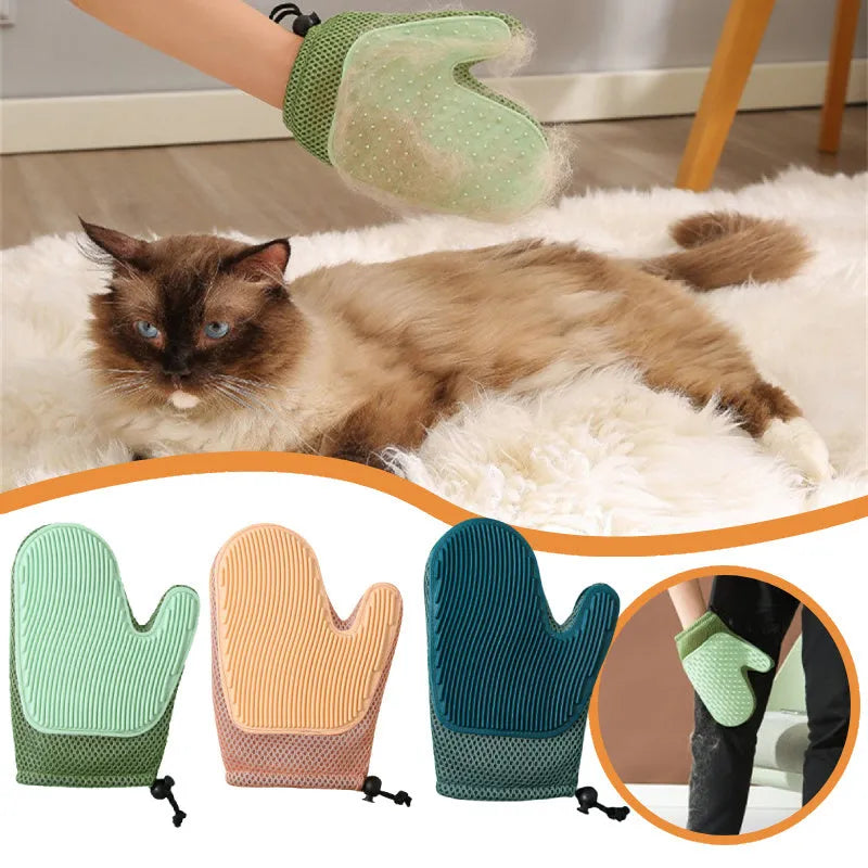 Dark blue pet hair remover glove with mesh and TPR material for grooming cats and dogs.