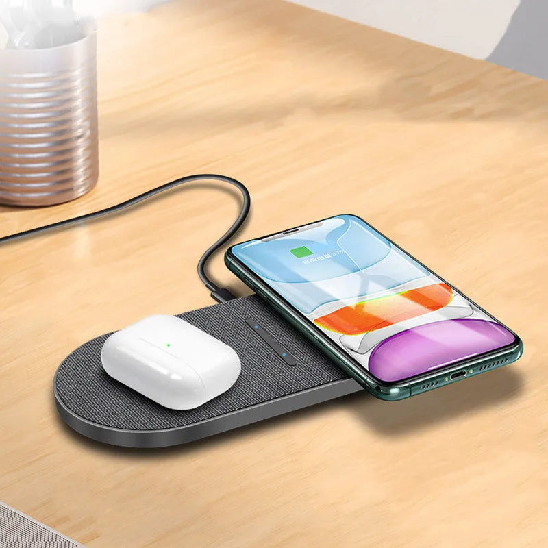 Black 10W wireless charging pad pair with Type-C and USB inputs for dual phone charging