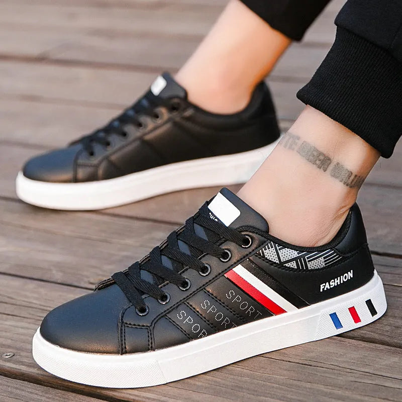 Men's sports shoes in black, grey, and white colours, showing size tags from 39 to 44.