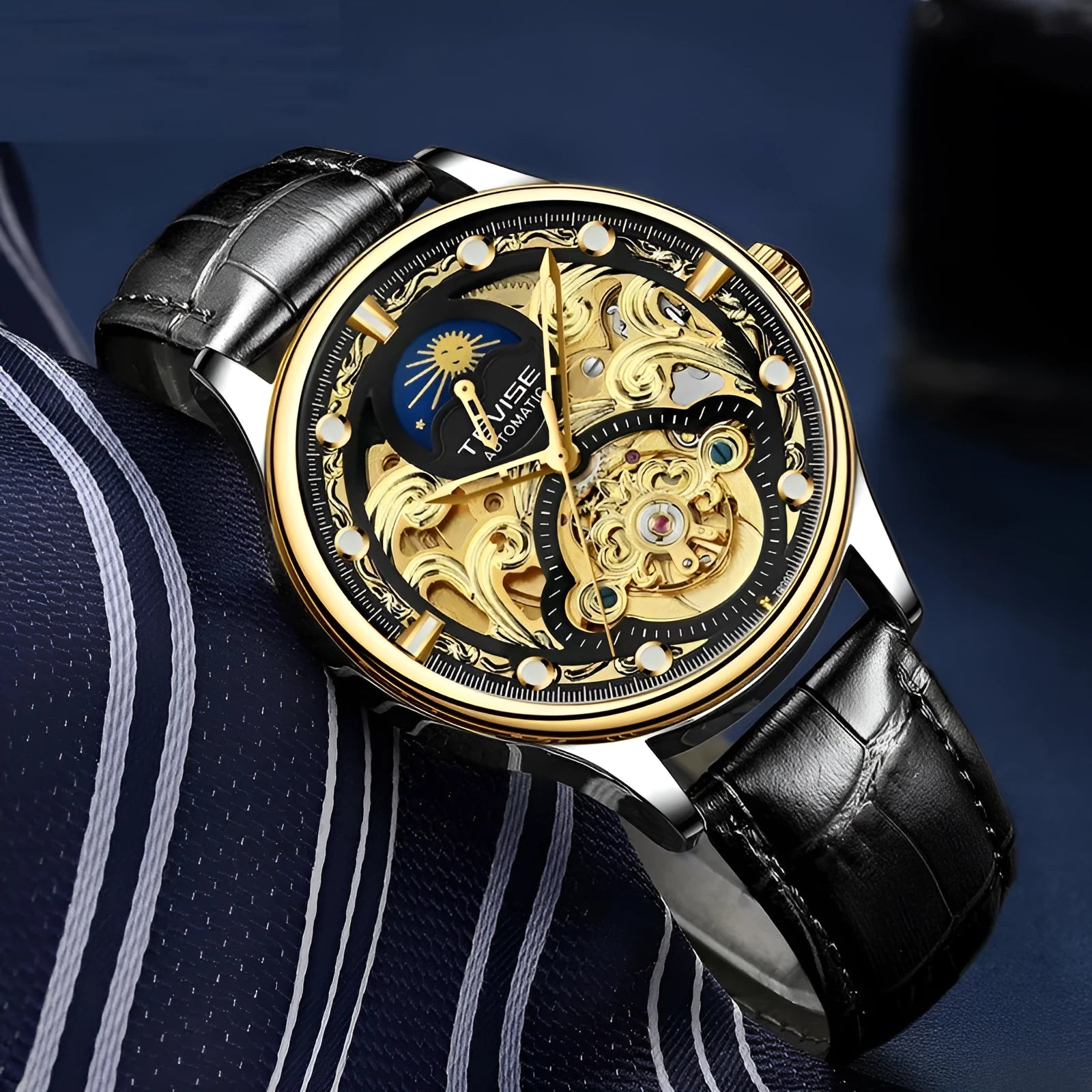 Men's gold leather strap automatic mechanical watch showing 16mm thickness and business design