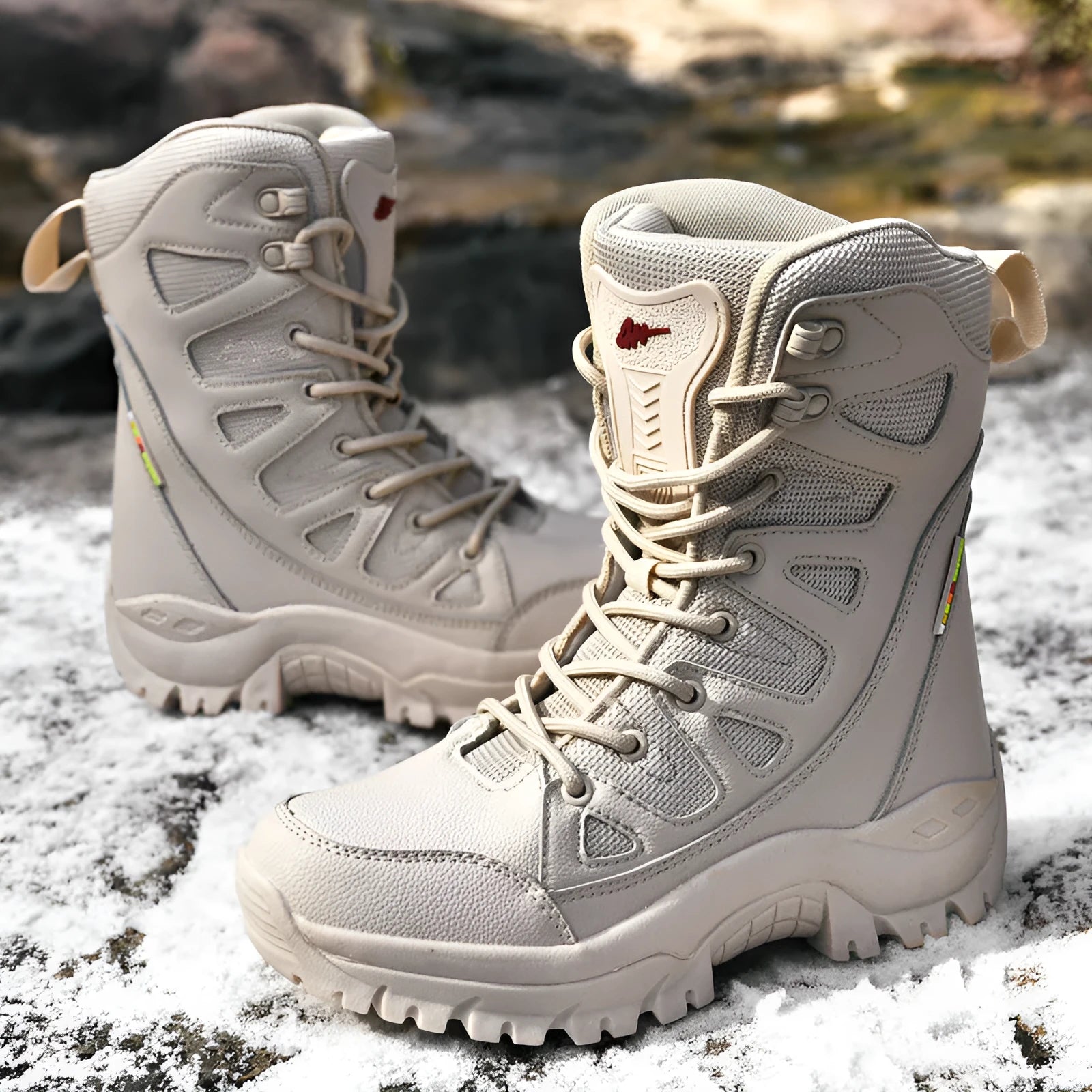 Men's brown cowhide leather hi-top hiking shoes with a platform sole on a rocky outdoor trail.