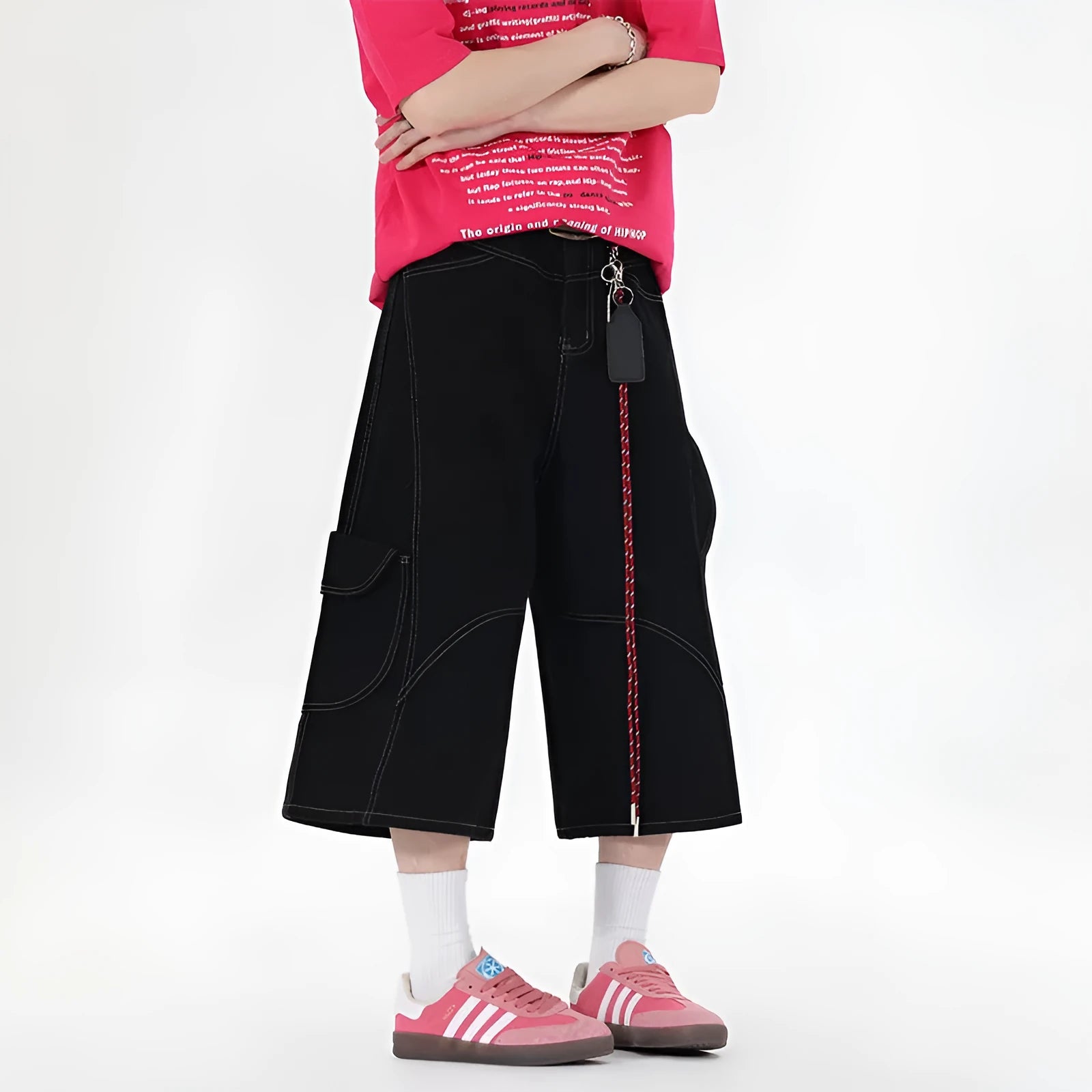 Retro denim workwear shorts with multiple pockets and wide leg trousers styling in black or red