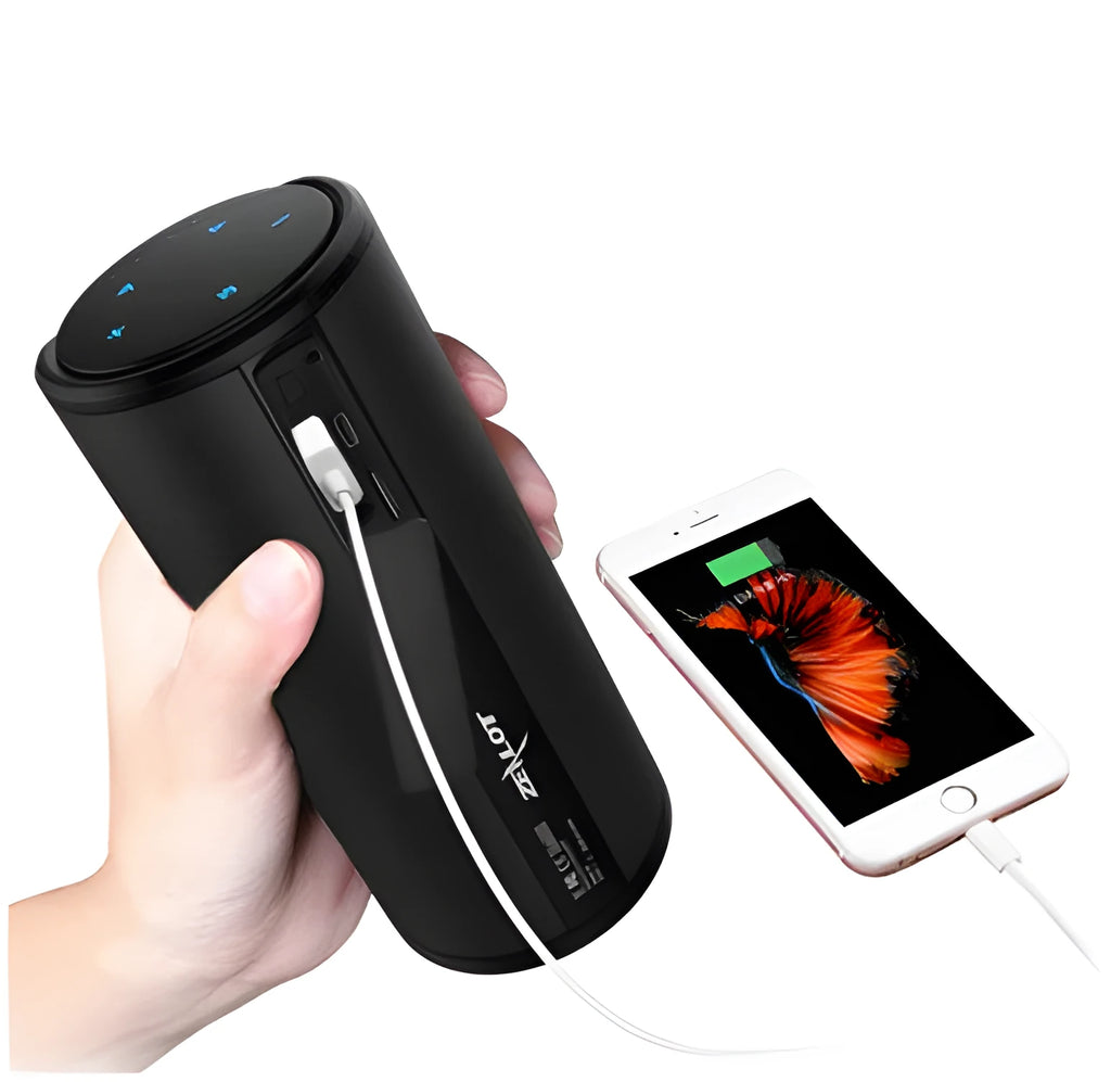 Compact portable Bluetooth speaker in black, blue, or red colours showing dimensions
