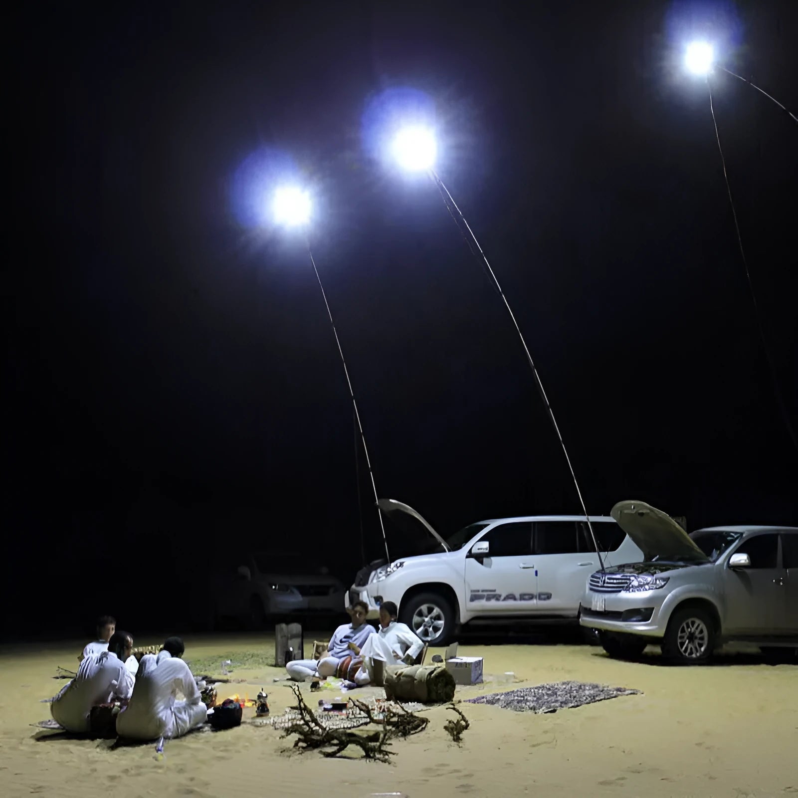 White LED fishing rod light with telescopic pole extended, showing remote control