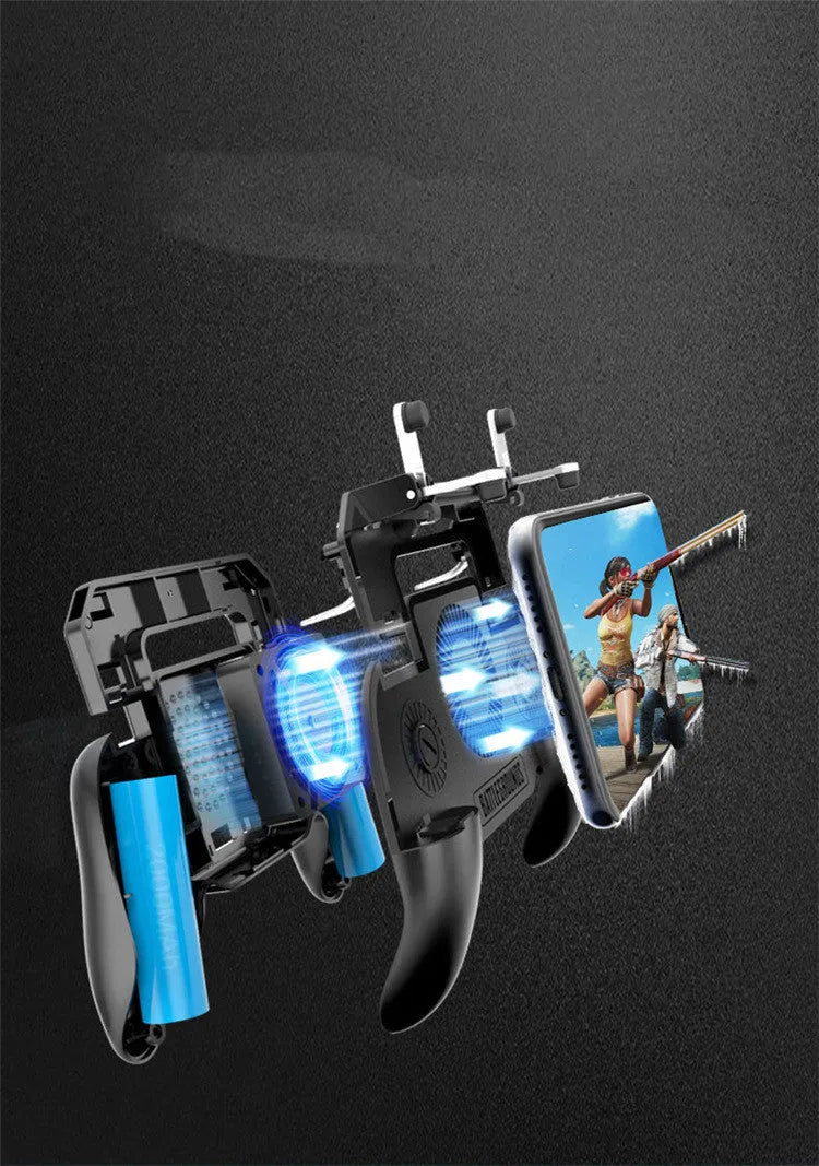 Black USB mobile game controller for smartphones with aluminium alloy trim and labelled action buttons.
