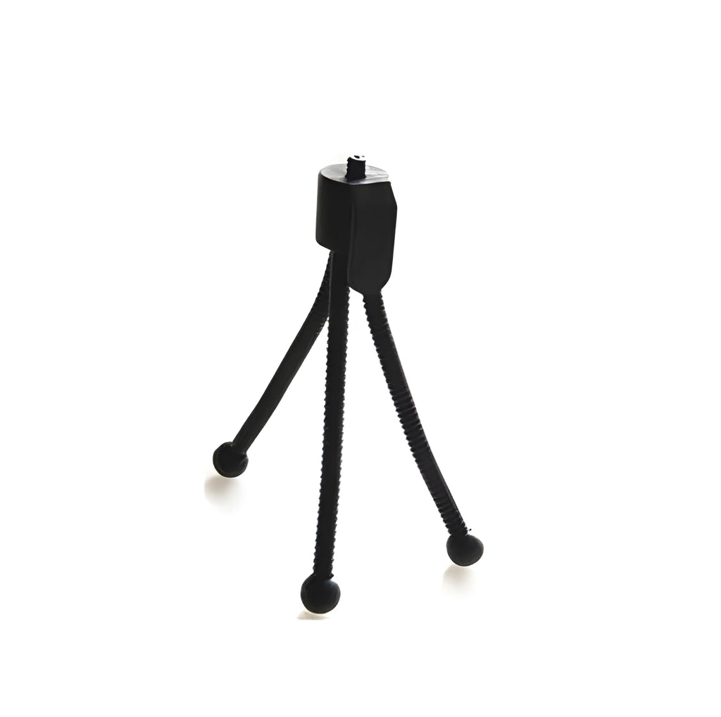 Small black iron frame desktop mini tripod with ball head, shown folded to its 110mm size.