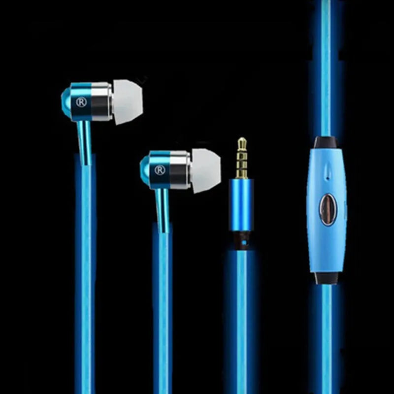 Compatible LED earphone with aluminum shell and music rhythm light in blue green or pink colors